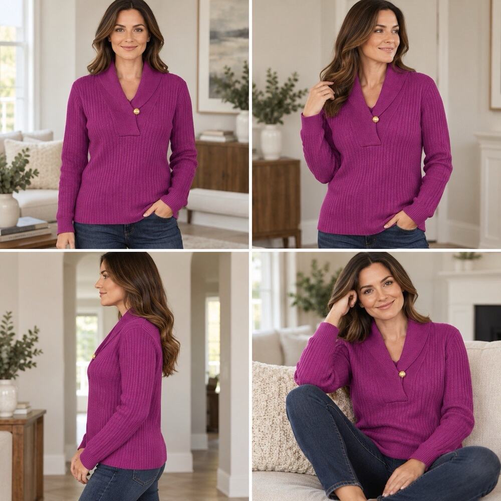 Lauren Ralph Lauren Women’s L Purple Ribbed Shawl Collar Cotton Sweater